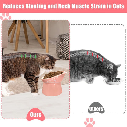 Cat Ear Shaped Raised Cat Bowls Set of 3 - Elevated Feeder Anti-Slip Base Neck Comfort Design, Pink Green Blue Feeding Dish for Cats & Small Pets