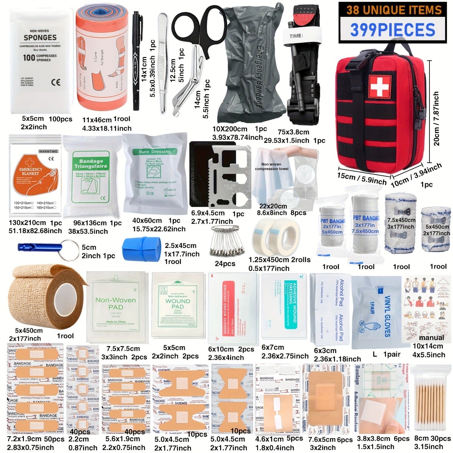 First Aid Kit 399pcs / 99pcs Professional Portable Survival Gear with Splints Scissors Tweezers for Hiking Camping Hunting Car Travel Emergency