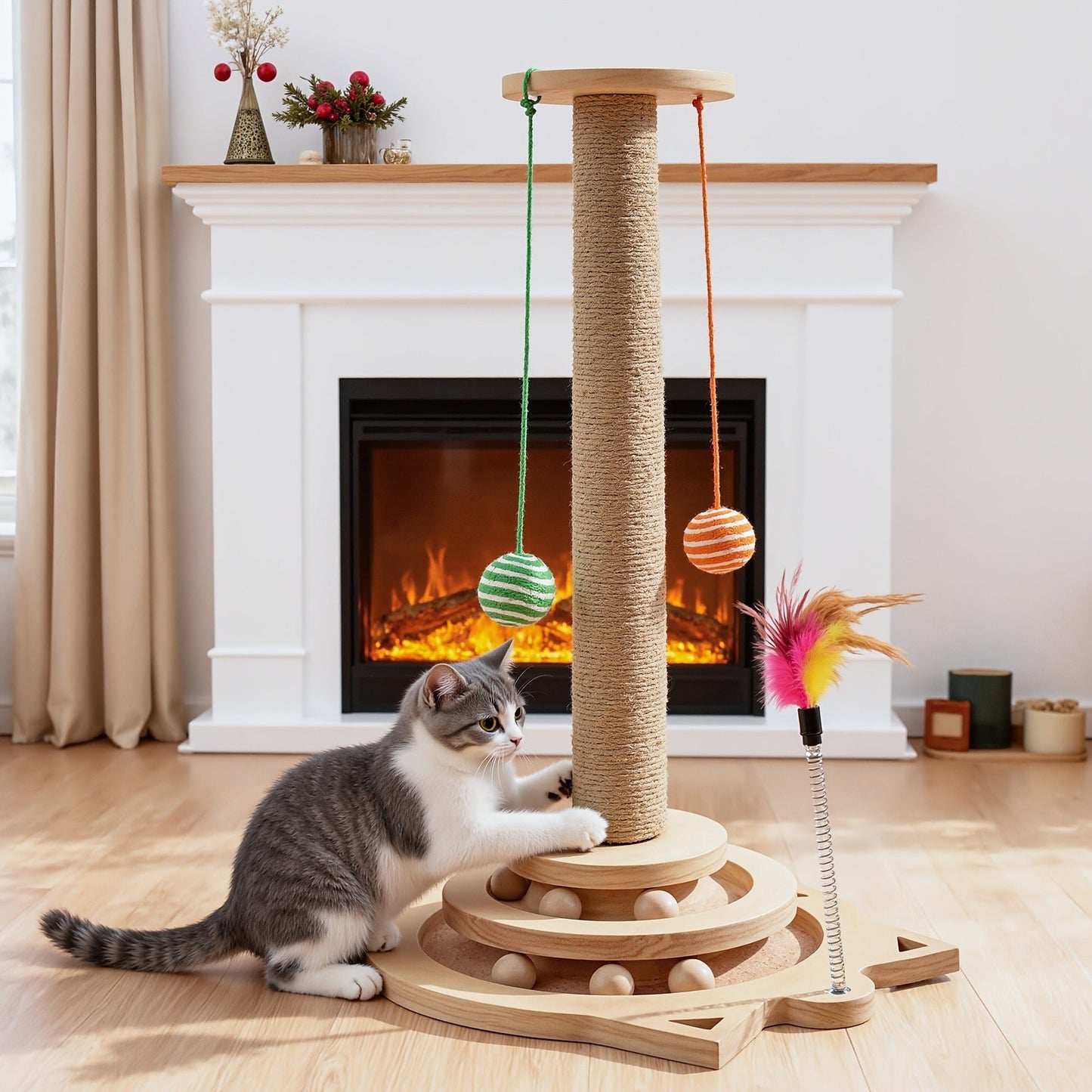 Multi-Level Sisal Cat Scratching Post 4-in-1 with 6 Wooden Balls 2 Hanging Balls & 2 Feather Teaser Toys - Premium Thickened Sisal Anti-Slip Base for Indoor Cats M L XL + Replacement Pillars
