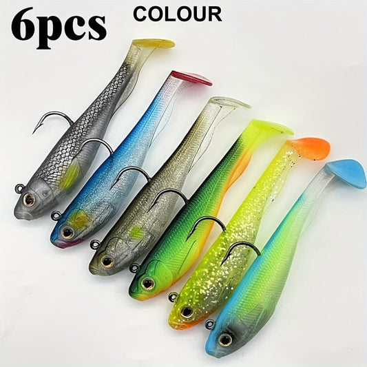 Paddle Tail Soft Bait 6pcs Pre-Rigged Jig Head Lure for Sea Bass Trout Fishing – Saltwater & Freshwater Swimbait Sinking Soft Plastic Fishing Lure Set