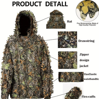 3D Leaf Ghillie Suit Lightweight Camouflage Hunting Suit for Men Women - Full Body Camo Outfit for Wildlife Photography, Birdwatching, Airsoft, Spring Summer Autumn Outdoor Training