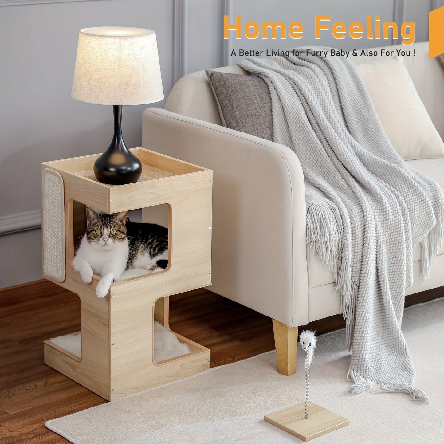Cat Tree Small Modern 23.6" Wood Cat Tower Furniture with Scratching Pad Removable Soft Mats & Free Cat Toy for Indoor Kittens, Climbing Scratching Playing Cat Furniture for Small Spaces, Brown