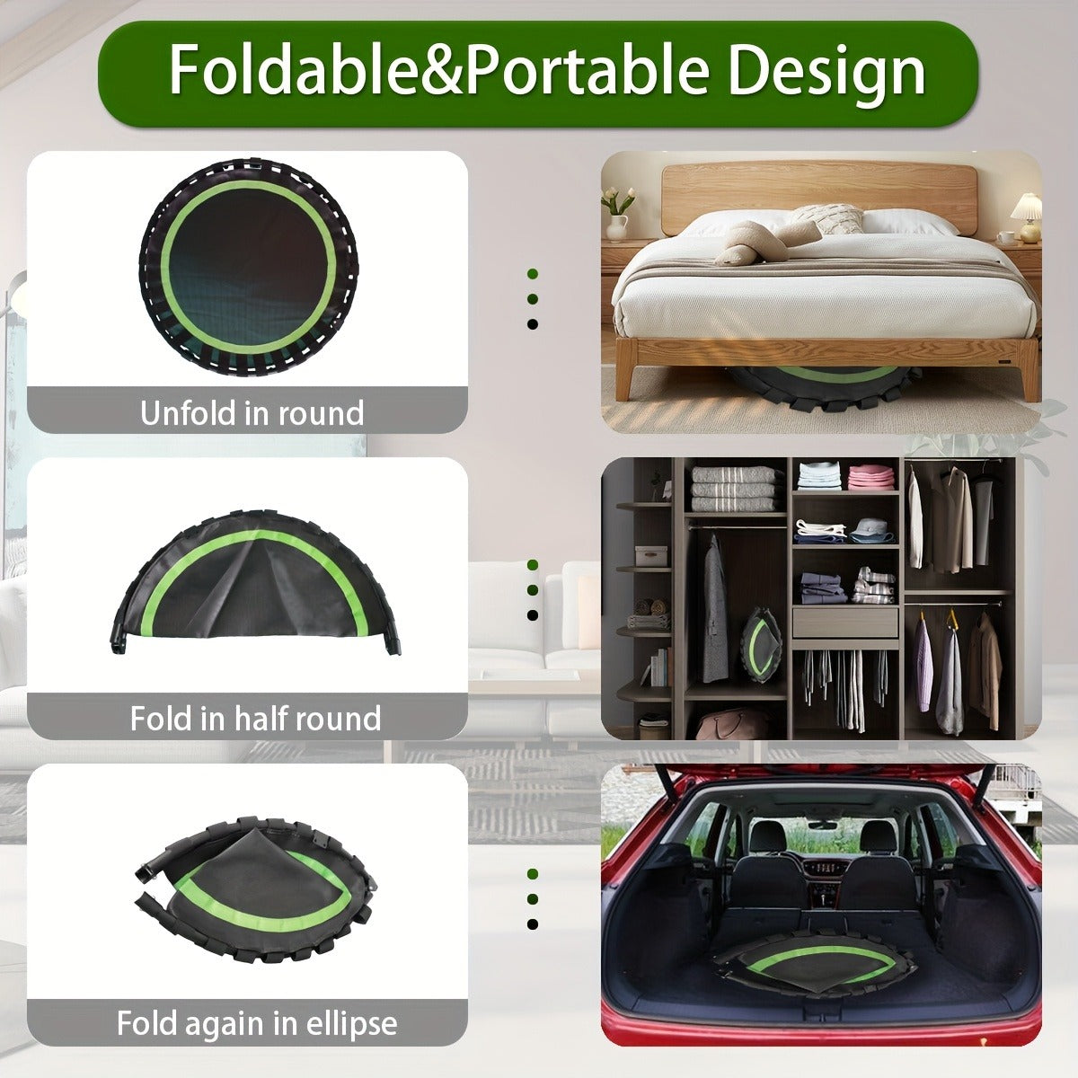 Rebounder Mini Trampoline 40 Inch Foldable with Adjustable Foam Handles - Bungee Elastic Strap Design, Thick Steel Frame, 600 lbs Capacity, Quiet Indoor Outdoor Fitness Trampoline, Green Red Blue
