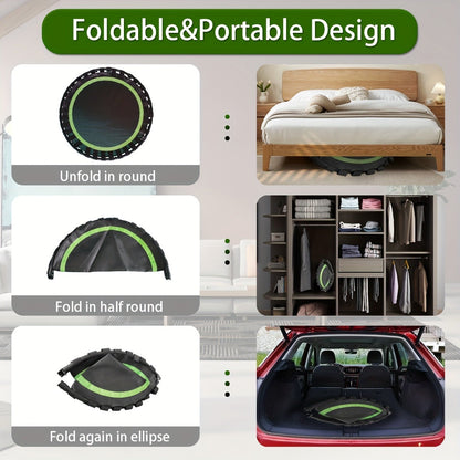 Rebounder Mini Trampoline 40 Inch Foldable with Adjustable Foam Handles - Bungee Elastic Strap Design, Thick Steel Frame, 600 lbs Capacity, Quiet Indoor Outdoor Fitness Trampoline, Green Red Blue