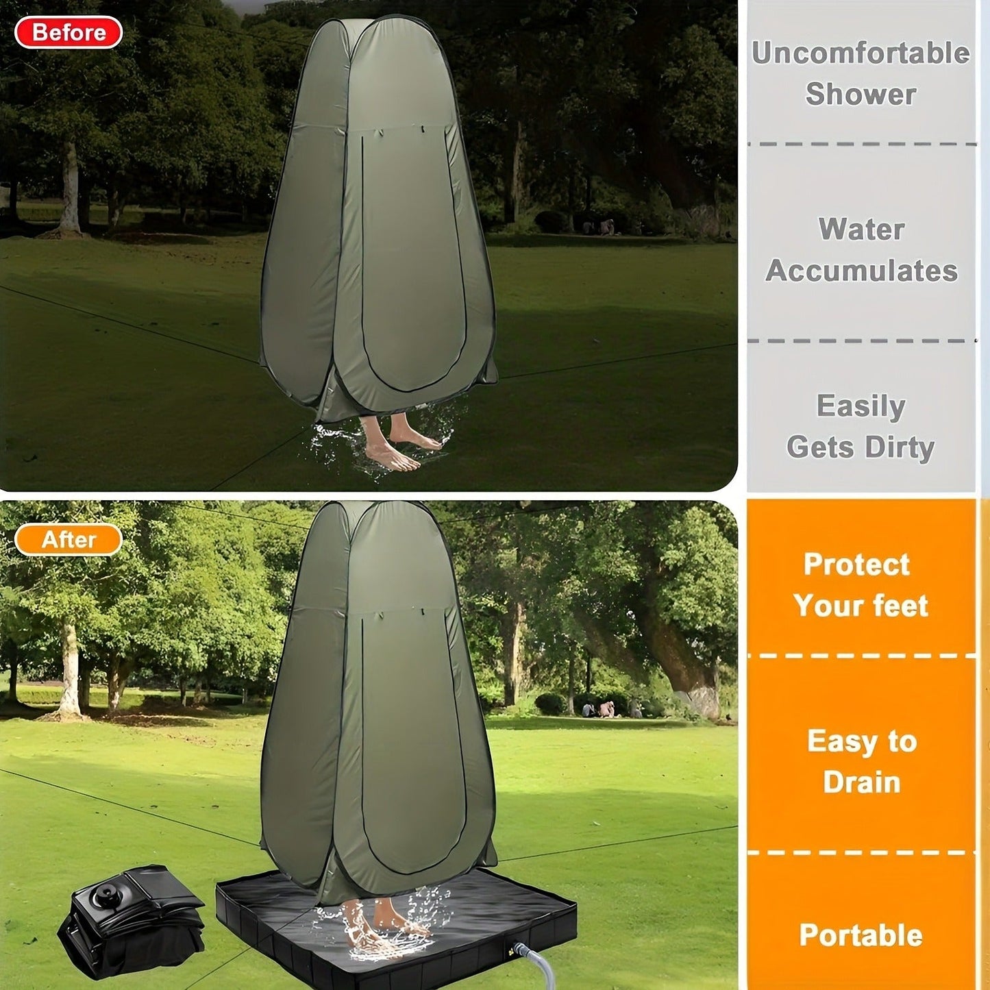Foldable Shower Base 41"x41" Portable Shower Pan with Drain Pipe – Collapsible Shower Basin for Camping Tent, Indoor & Outdoor Use, Black – Includes Back Scrubber