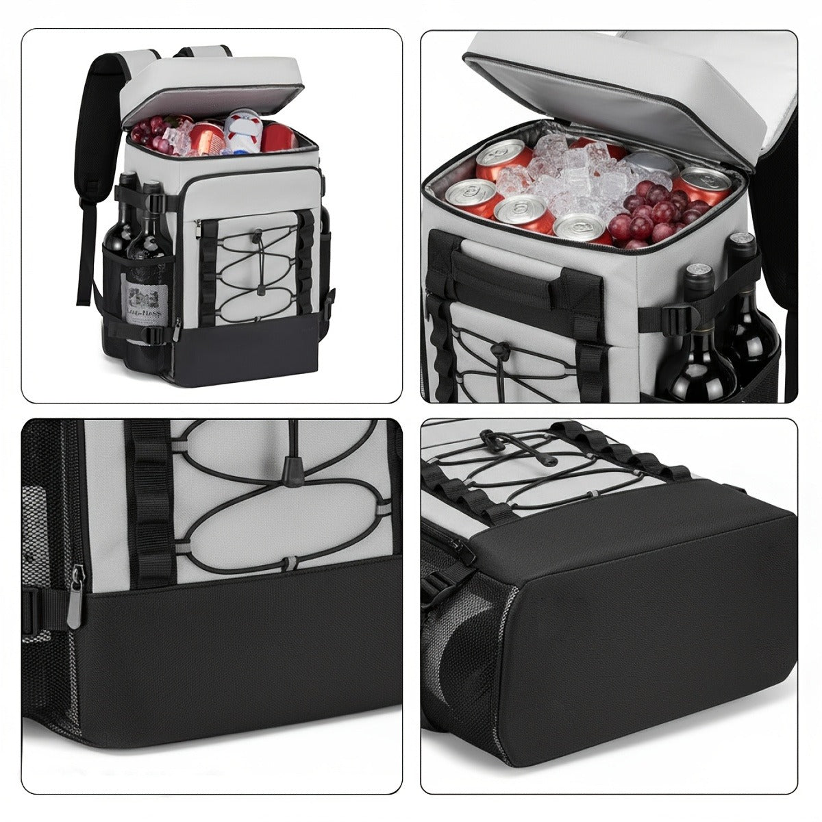 Insulated Cooler Backpack Leakproof Thermal Lunch Bag, Large Capacity Waterproof Cooling Rucksack for Camping, Hiking, Picnic & Beach, Foldable Soft Cooler Bag for Men & Women, Black & Grey