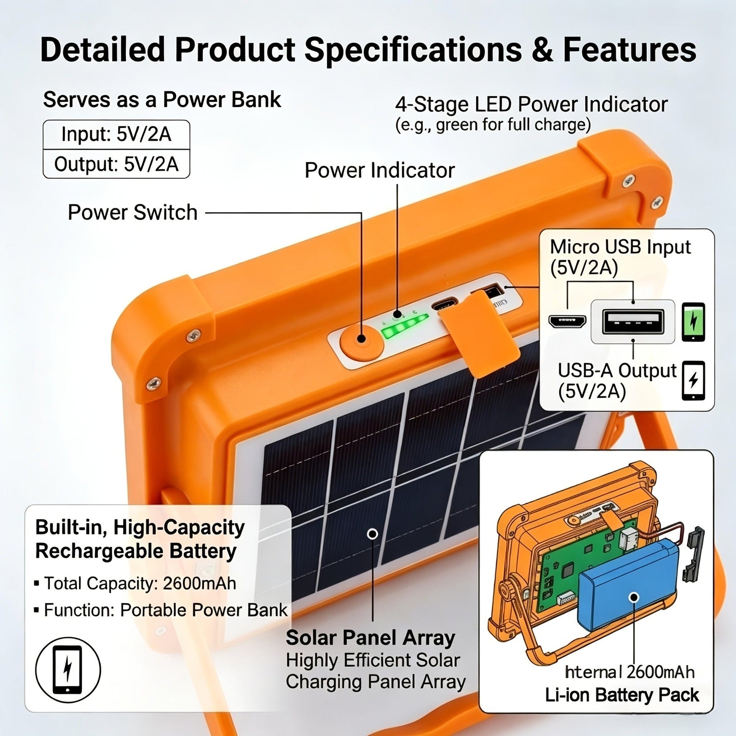 Solar LED Work Light with Magnetic Hook – 2000 Lumen Rechargeable Camping Light, Adjustable Brightness, Solar & USB-C Dual Charging, Waterproof Portable Hanging Lamp for Camping, Hiking, Garage & Emergency, 1/2/6/10 Pack