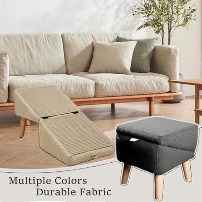 Dog Ramp 2-in-1 Foldable Ottoman Pet Stairs for Sofa Bed, Solid Wood Frame Heavy-Duty Small Dog Steps with Anti-Scratch Rounded Edges, Space-Saving Folding Pet Ramp Footrest, Black & Khaki