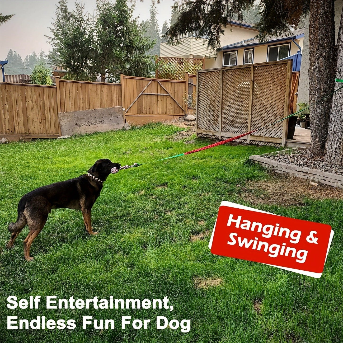 Bungee Dog Tug Toy Outdoor Hanging from Tree Height Adjustable 19.7 Ft Elastic Cord Tether with Chew Rope - Solo & Interactive Exercise Play for All Dog Breeds Small to Large
