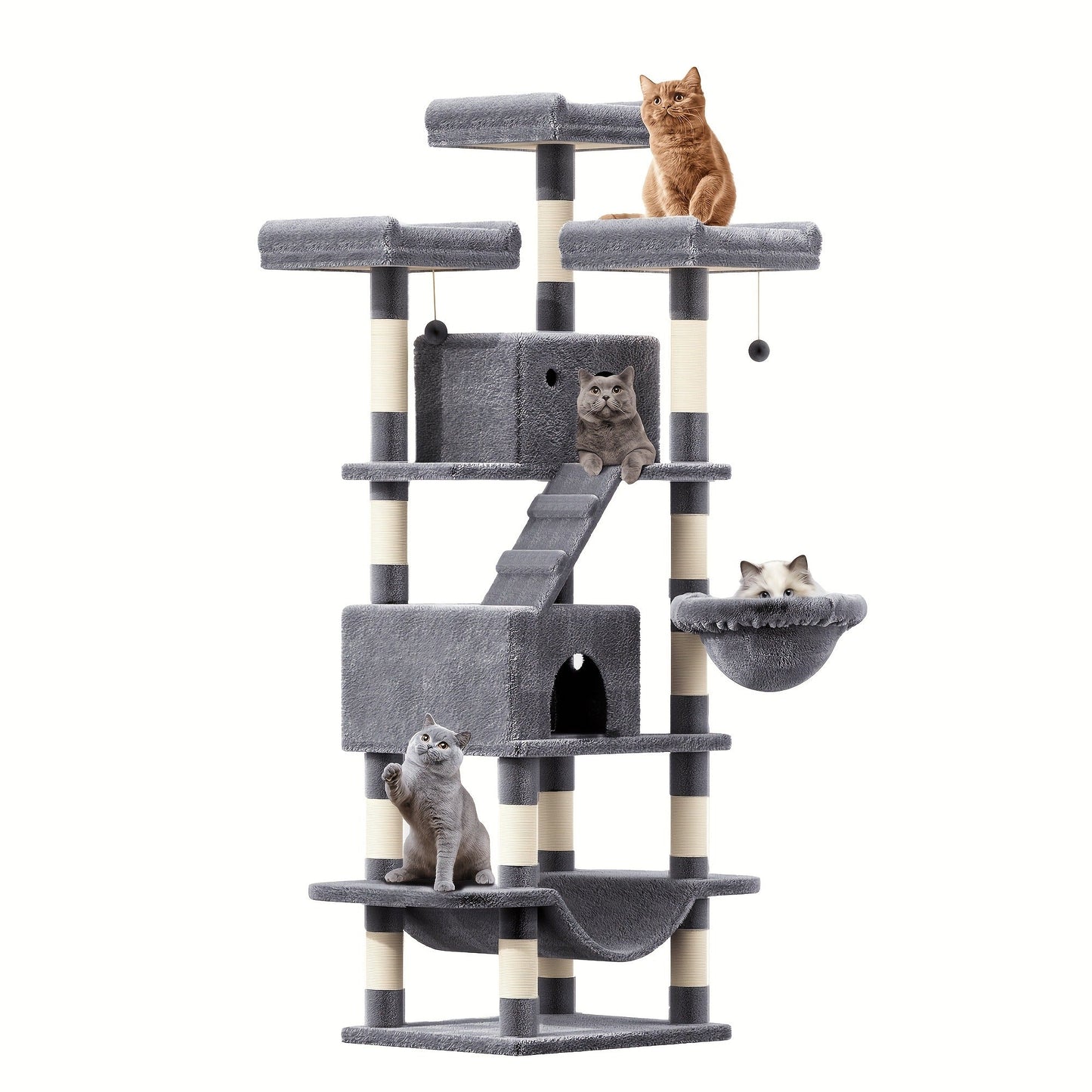 Large Multi-Level Cat Tree Tower – 68–81 Inch Tall Cat Condo with 2 Condos, 3 Plush Perches, Scratching Posts & Cat Hair Brush