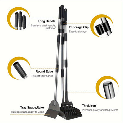 Dog Pooper Scooper Set - Stainless Steel Tray & Rake with Adjustable Long Handle, Rust-Proof Durable Pet Waste Removal Tool, Easy to Clean, Ideal for All Dog Breeds, Yard & Outdoor Use