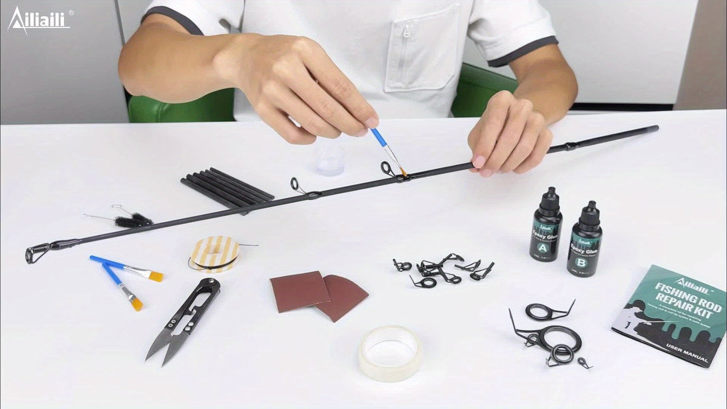 Fishing Rod Repair Kit with Top Rings Guides AB Epoxy Glue Winding Line Textured Paper Complete Rod Break Fix Set Iron Rod Guides Replacement Supplies FRT-02