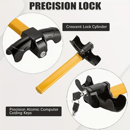 Universal Car Steering Wheel Lock Anti-Theft T-Bar – Heavy-Duty Thick Steel, Cut-Resistant, Computer-Coded Crescent Cylinder, Stops Keyless Entry Robbery, Fits All Vehicles, Includes 2 Keys