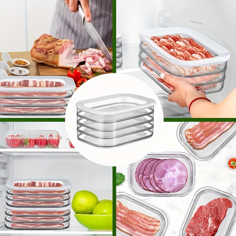 Stackable Refrigerator Organizer Containers 4-Tier with Lids – Meat Preservation Box, Food Storage for Vegetables, Fruits & Cooked Meats, Fridge Organization Set