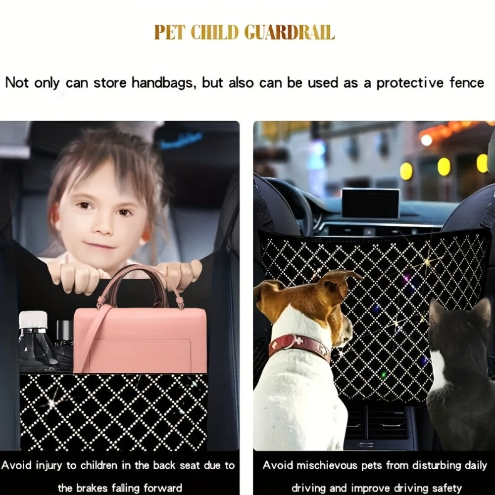 Rhinestone Car Seat Back Organizer & Purse Holder – Bling Crystal Handbag Hanger for Women, Pet Barrier for Dogs & Kids, Universal SUV Truck Car Accessories Gift for Girls