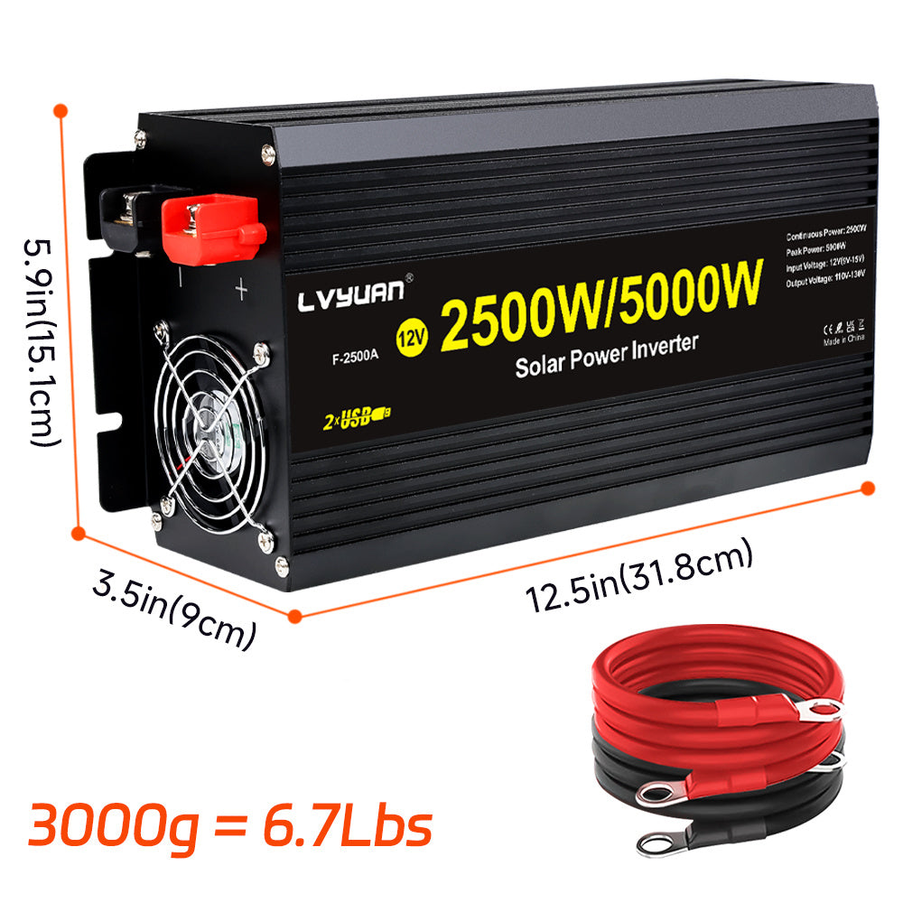 2500W Power Inverter 5000W (Peak) 12V to 110V DC to AC with LCD Display, Remote Controller 4 x AC Outlets and 4 x 3.1A USB Car Adapter for Car Truck Boat RV Solar System