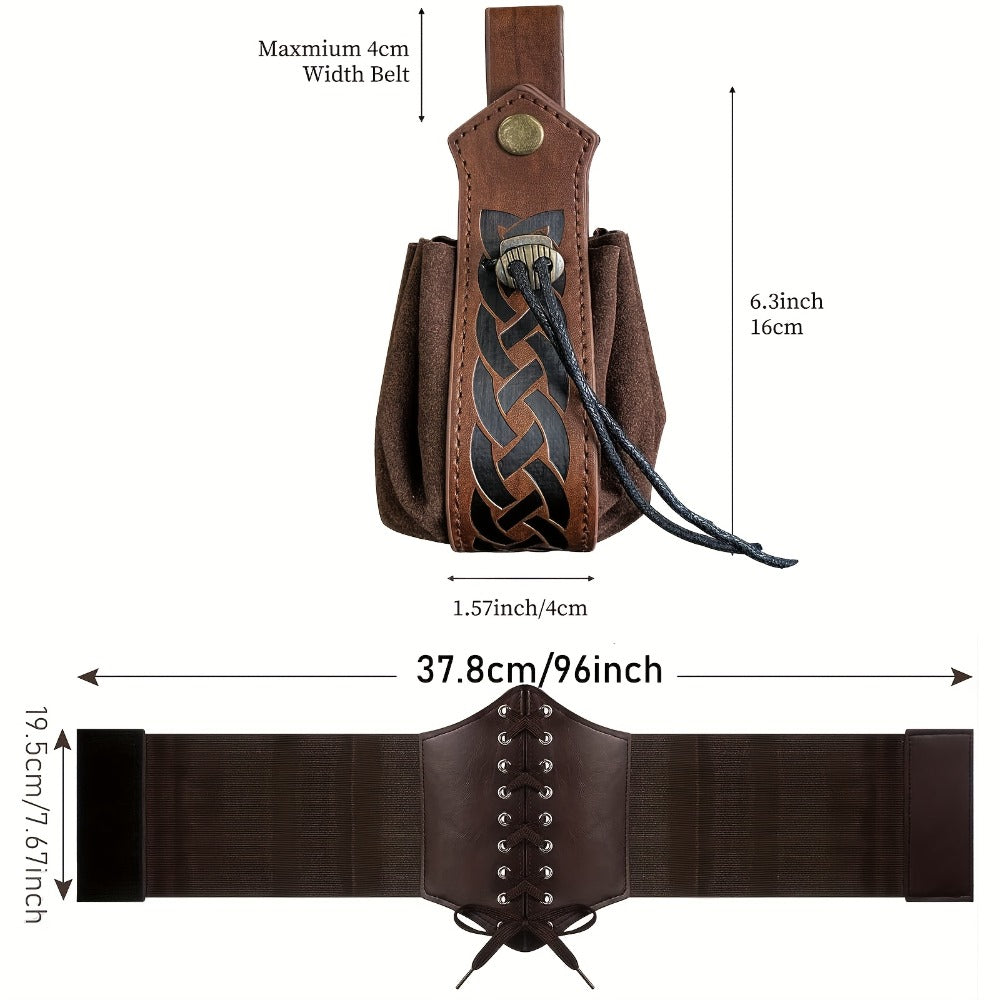 Medieval Costume Accessories Set 5-Piece – Corset Belt, Renaissance Belt Bag, Cork Potion Bottle & More for Halloween, Renaissance Faire, LARP & Cosplay, Unisex Adult Outfit Kit, Black & Brown
