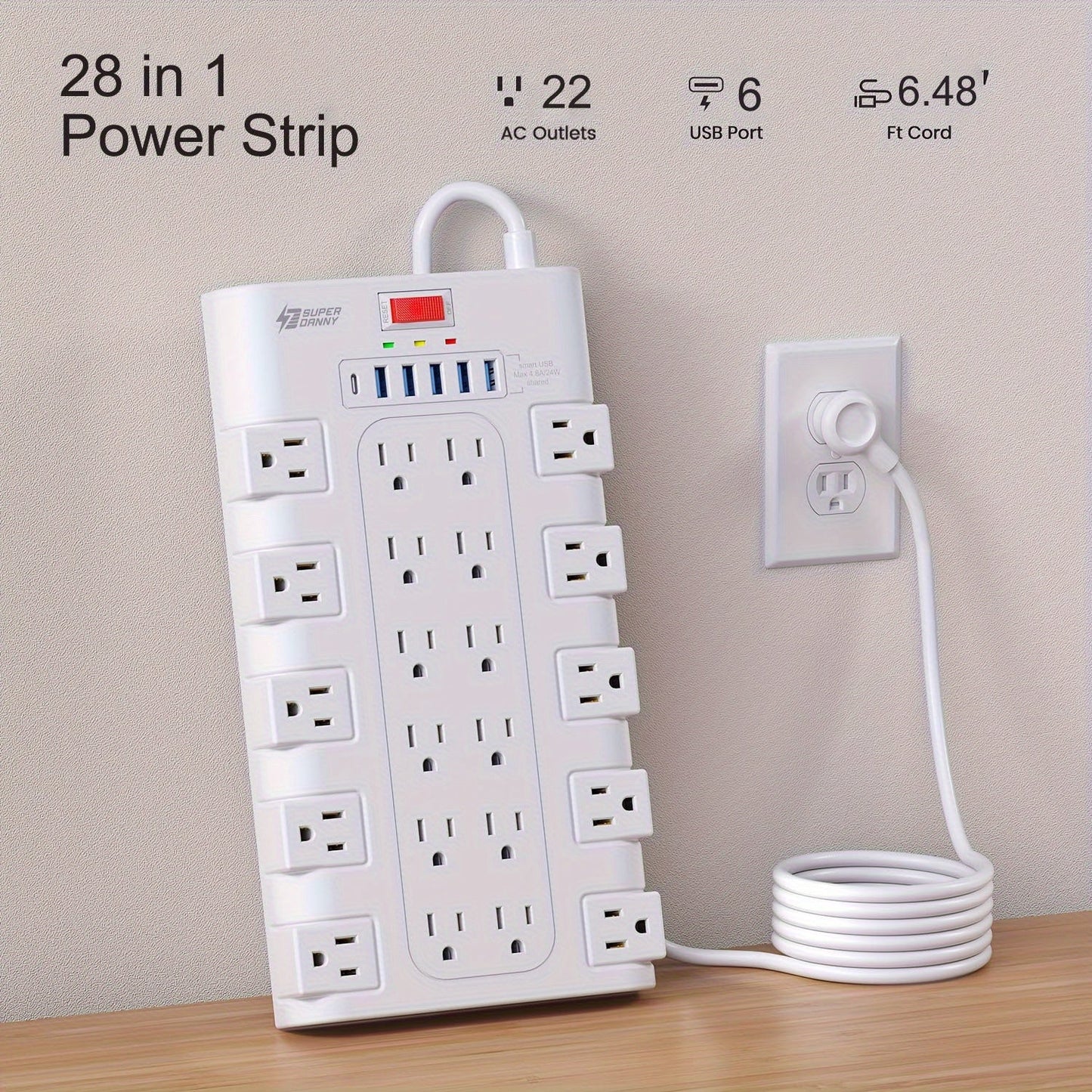 Power Strip Surge Protector 28-in-1 with 22 Widely Spaced Outlets 5 USB-A 2 USB-C Ports 2100 Joules Flat Plug Wall Mountable 6.48FT 14AWG Heavy Duty Extension Cord for Home Office