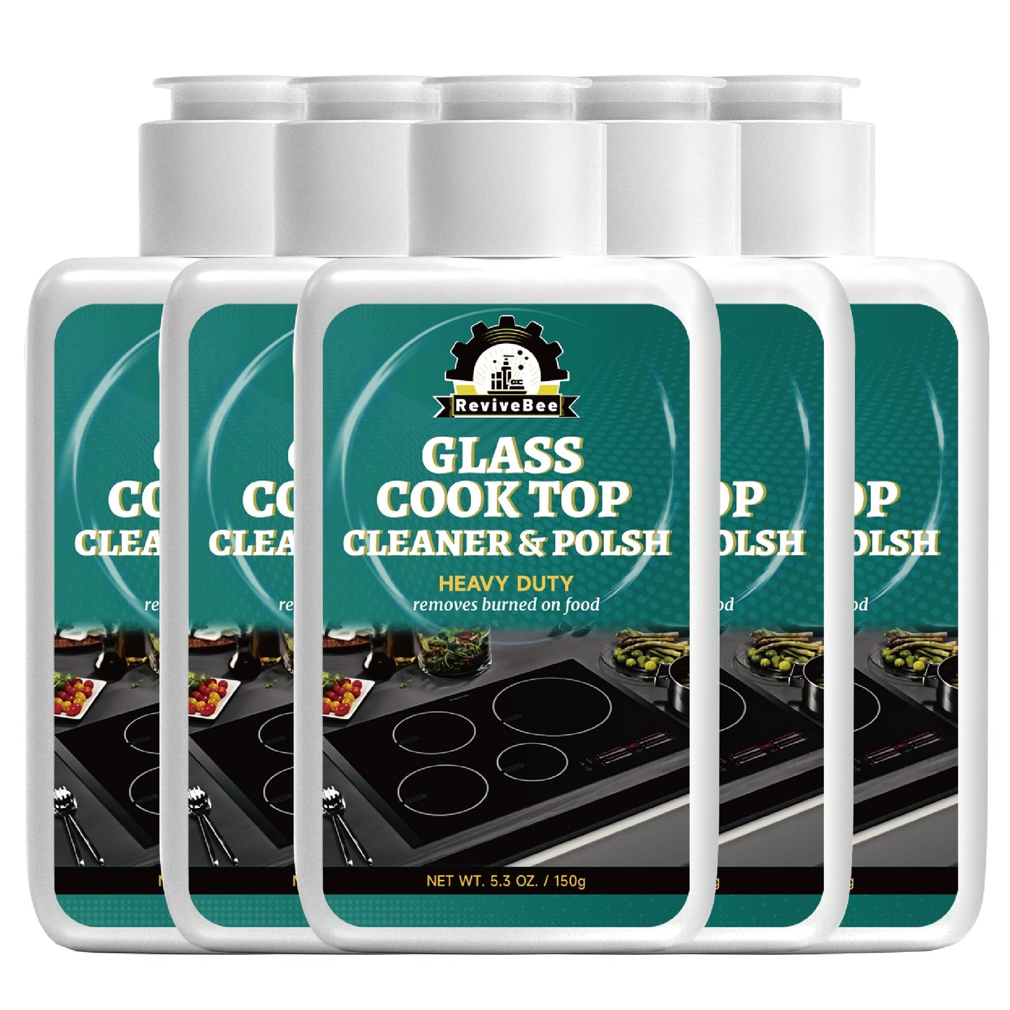 Glass Cooktop Cleaner and Polish – Powerful Stain Remover, Removes Oil Film, Water Spots & Burnt-On Residue, Long-Lasting Surface Protection for Ceramic & Induction Cooktops – 5 Pack Value Set