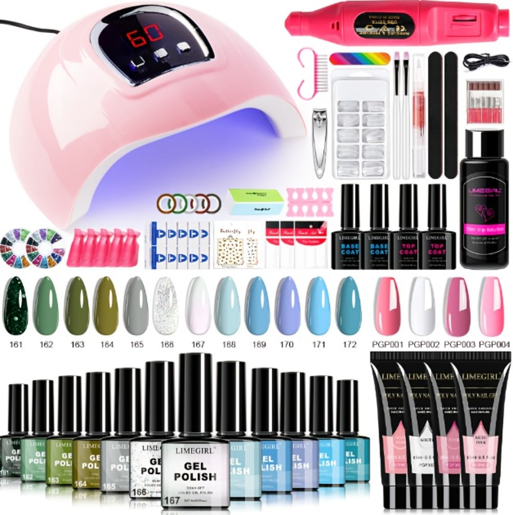 Gel Nail Polish Kit with UV Lamp & Electric Nail Drill - 12 Colors Gel Polish Set, Poly Extension Gel, Top & Base Coat, Glitter Nail Art Complete Starter Set for Home Salon, Beginner Gift