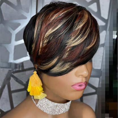 Short Pixie Cut Wig with Bangs Black Blonde Layered 4 Inch Rose Net Cap | Brown Blonde Mix Synthetic Wig for Black Women Daily Wear Office Party