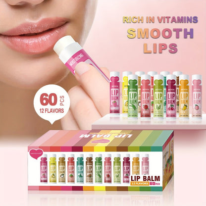 Glycerin Lip Butter Set 60 Pieces – 12 Scents Moisturizing Glossy Lip Balm, Deep Hydration for Soft Dry Lips, Valentine's Day & Holiday Gift Set for Women & Girls