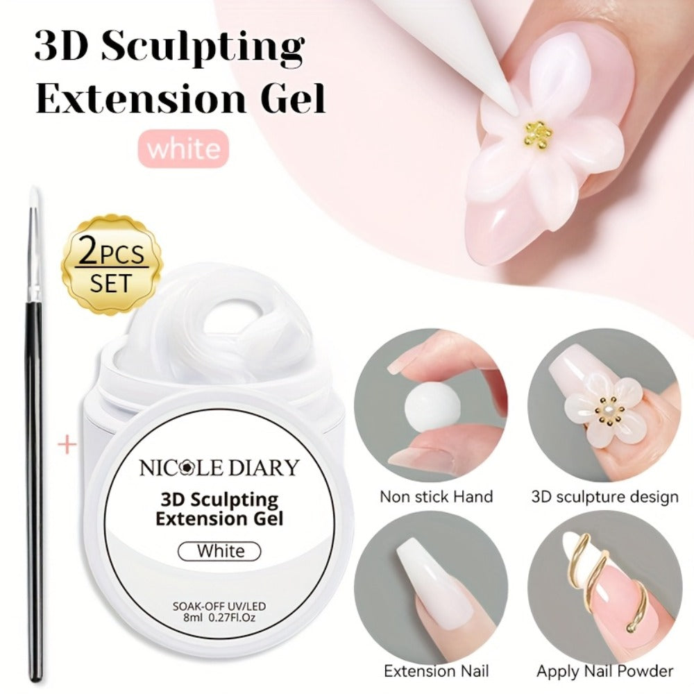 3D Sculpting Builder Gel Kit with Carving Pen — Clear & White Nail Extension Gel for Floral Nail Art, Acrylic Extensions & DIY Salon Manicure, Professional Nail Modeling Gel Set 2pcs or 3pcs for Women