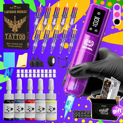 Cordless Rotary Tattoo Machine Kit Complete Set with Screen Display 6-8Hr Battery 20 Needles 7 Inks – Wireless Tattoo Pen for Beginners & Professional Artists Home Studio Red Pink Black