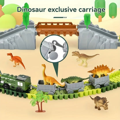 Electric Dinosaur Train Track Set 121pcs – Battery Powered Dino Swallowing Car Sliding Train Toy with Random Car Combinations for Boys Girls Kids Ages 3 4 5 6+