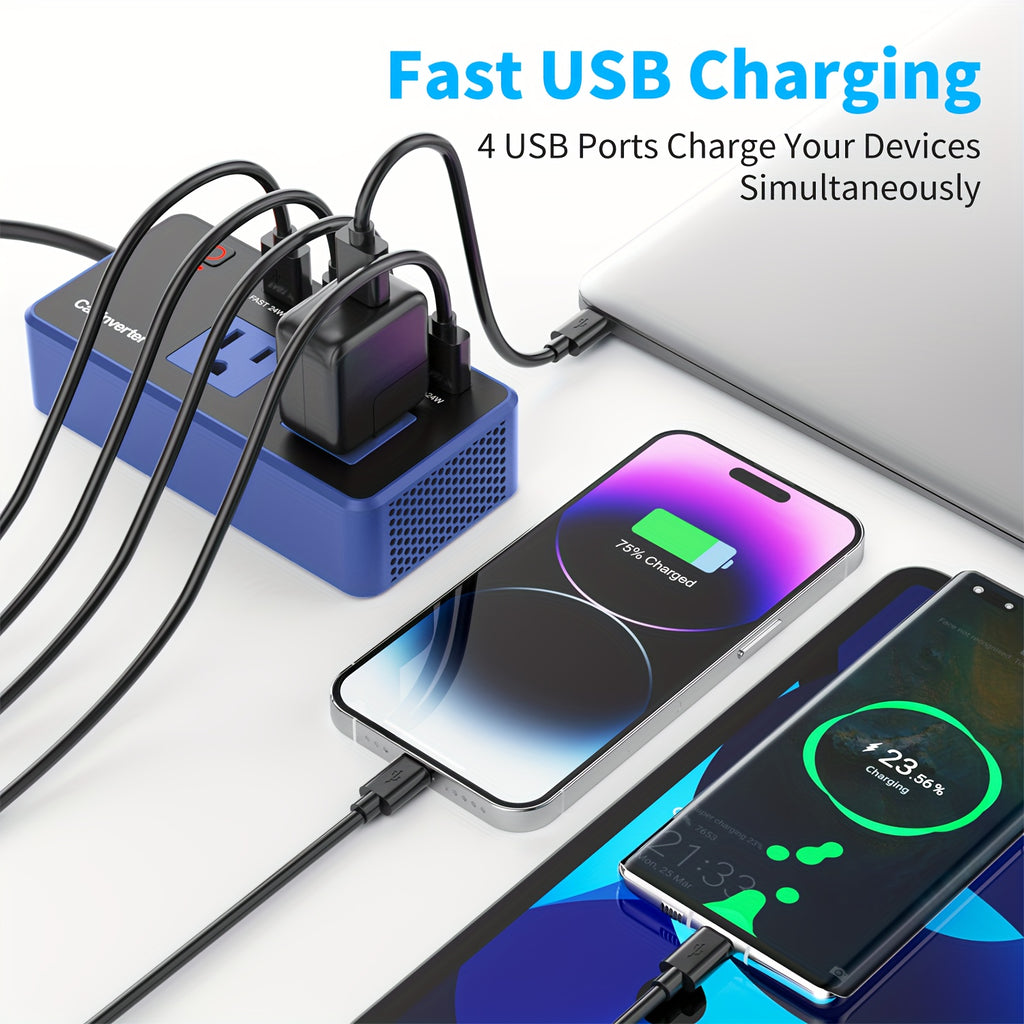 Power Inverter for Vehicles Car Accessories, USB Charger DC 12V to 110V Converter 200W Inverter Car Charger Adapter Outlet with USB Ports 4.8A 24W USB-C USB-A, Car Plug Adapter for Laptop Travel Camping Road Essentials Power Converter