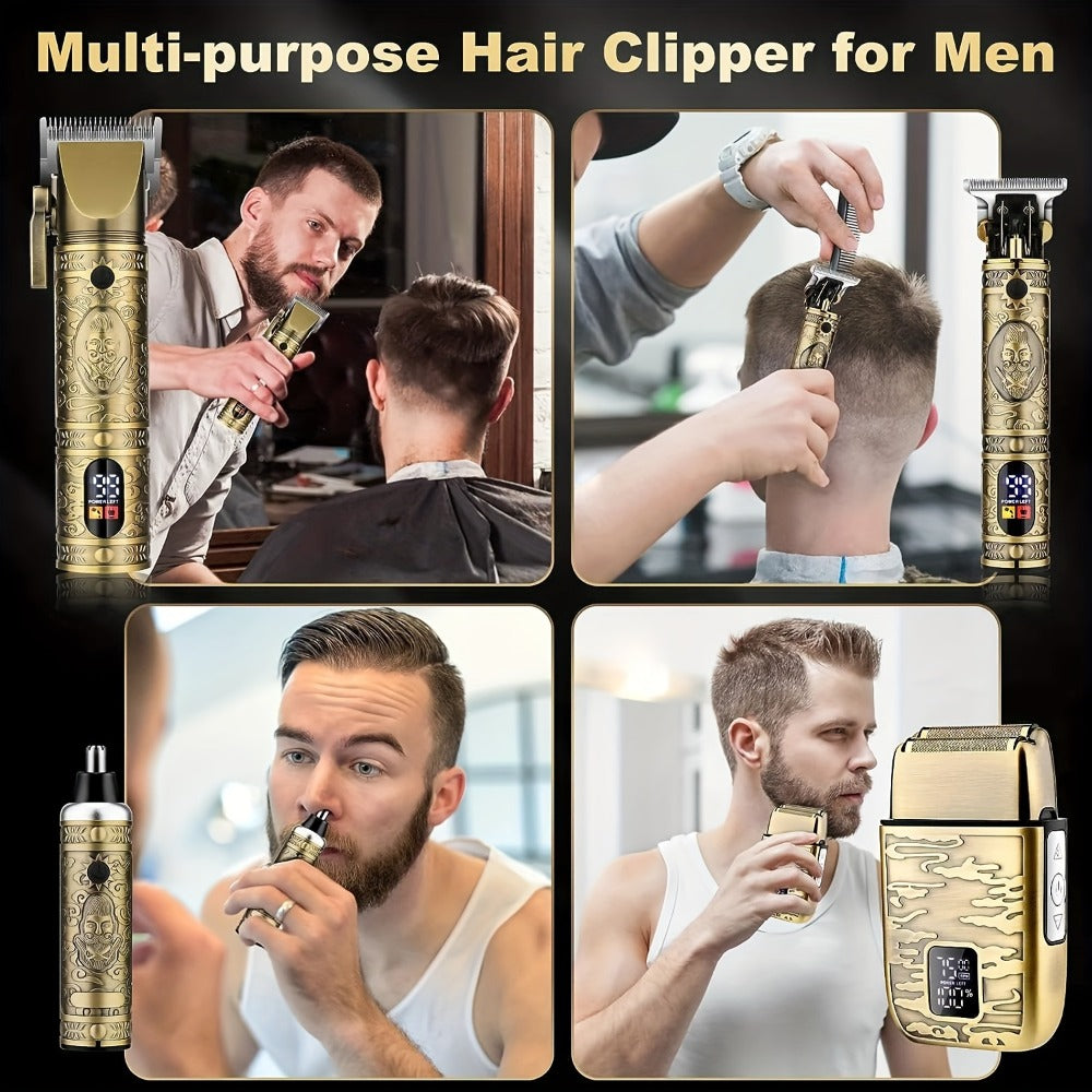 Cordless Hair Clipper & Trimmer Kit for Men — Professional Rechargeable Grooming Set, Golden Edition, Wireless Fade Clipper with USB Charge, Ideal Gift for Men