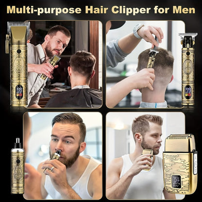 Cordless Hair Clipper & Trimmer Kit for Men — Professional Rechargeable Grooming Set, Golden Edition, Wireless Fade Clipper with USB Charge, Ideal Gift for Men