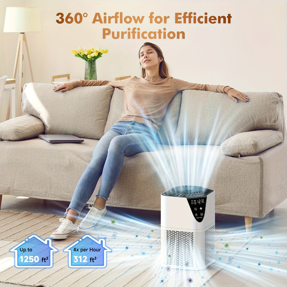 H13 True HEPA Air Purifier for Home – Covers 1250 Sq Ft, LCD PM2.5 Monitor, 360° Vortex Intake, 25dB Quiet, 3-Stage Filtration, Removes Smoke, Pet Dander & Pollen, Aromatherapy Diffuser, 3 Timer Settings