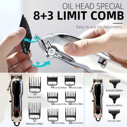 Electric Hair Clipper Set with Limit Comb — Barber-Grade Professional Trimmer, Long-Lasting Rechargeable Battery, Home & Travel Haircut Kit, Gift for Dad, Silver & Golden
