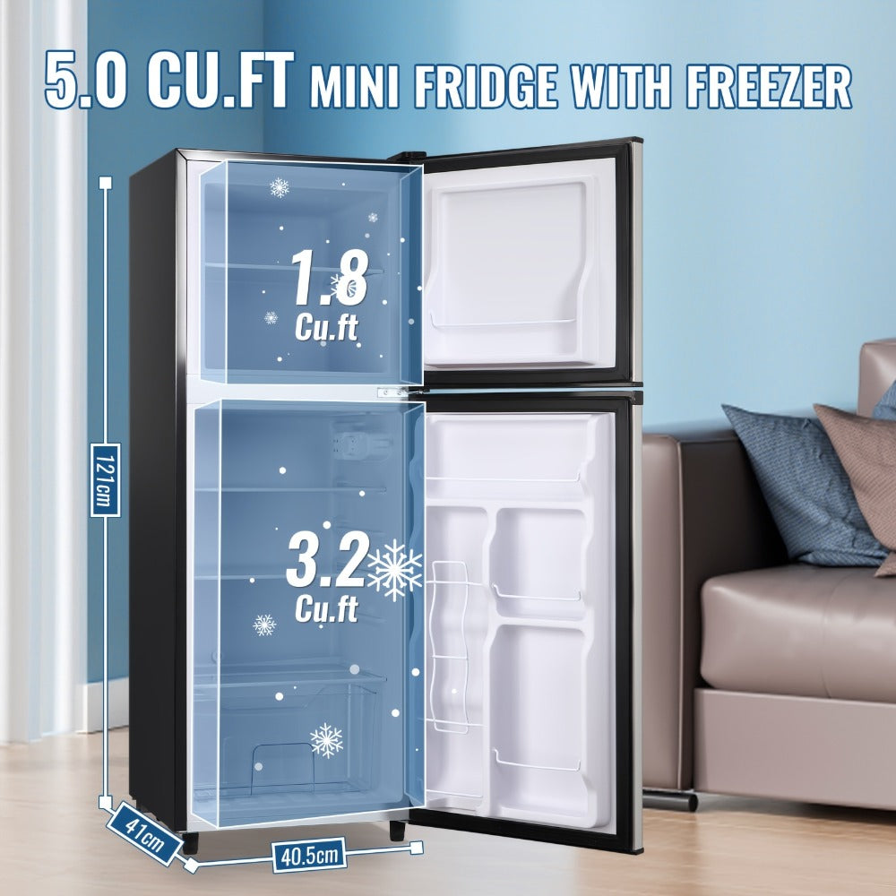 Small Fridge with Freezer, 2-Door Compact Refrigerator with 7-Level Adjustable Thermostat, Removable Shelves & Basket – 2.5 or 3.5 Cu Ft Silver Mini Fridge for Dorm, Office, RV and Bedroom