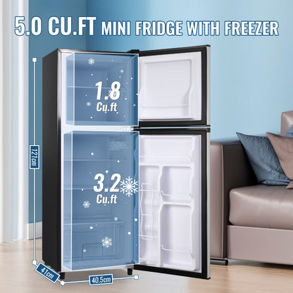 Small Fridge with Freezer, 2-Door Compact Refrigerator with 7-Level Adjustable Thermostat, Removable Shelves & Basket – 2.5 or 3.5 Cu Ft Silver Mini Fridge for Dorm, Office, RV and Bedroom