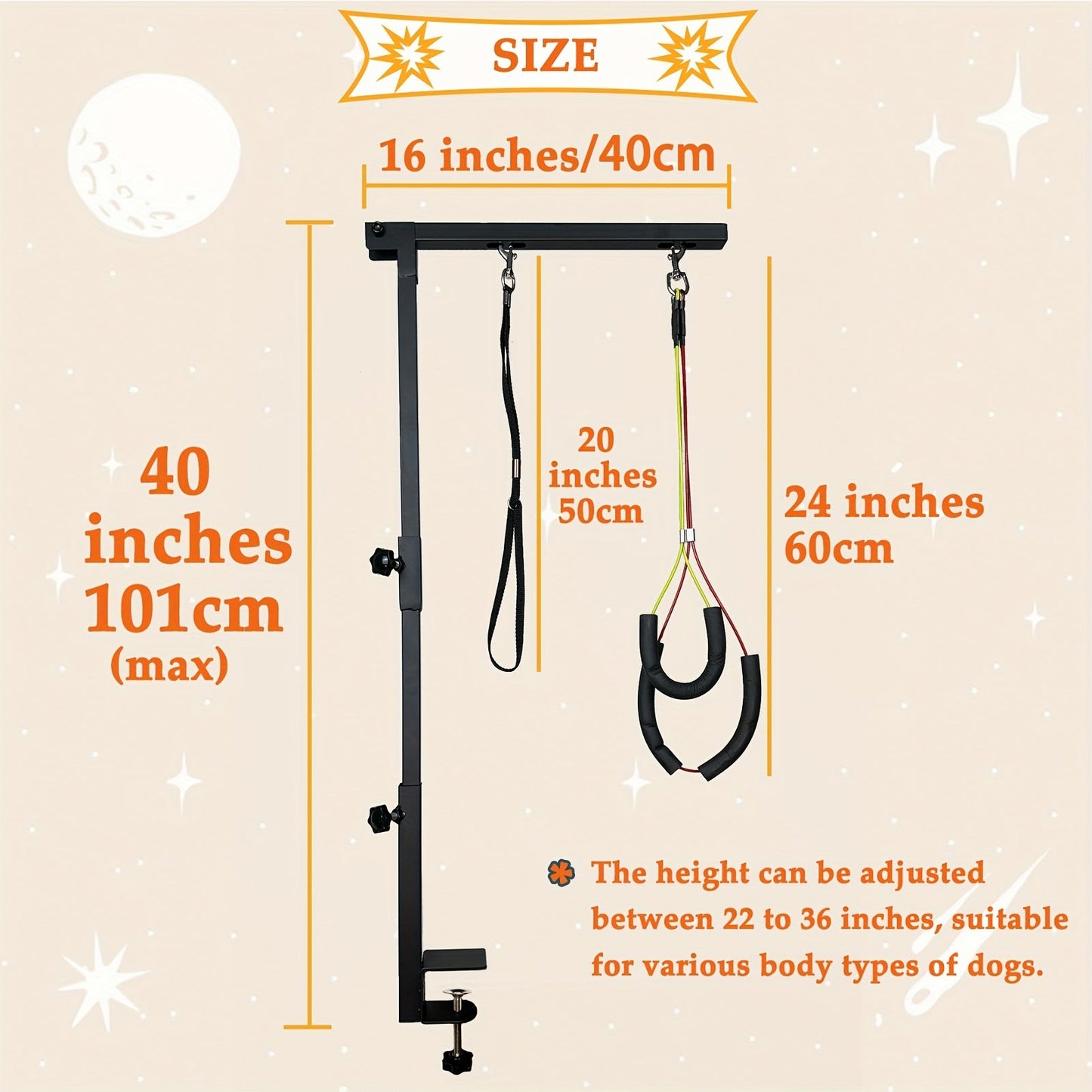 Dog Grooming Arm with Clamp 36 Inch Adjustable 3-Section Iron No-Sit Haunch Holder with Colorful Ropes for Small Medium Dogs Cats Black