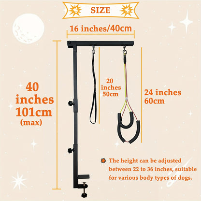 Dog Grooming Arm with Clamp 36 Inch Adjustable 3-Section Iron No-Sit Haunch Holder with Colorful Ropes for Small Medium Dogs Cats Black