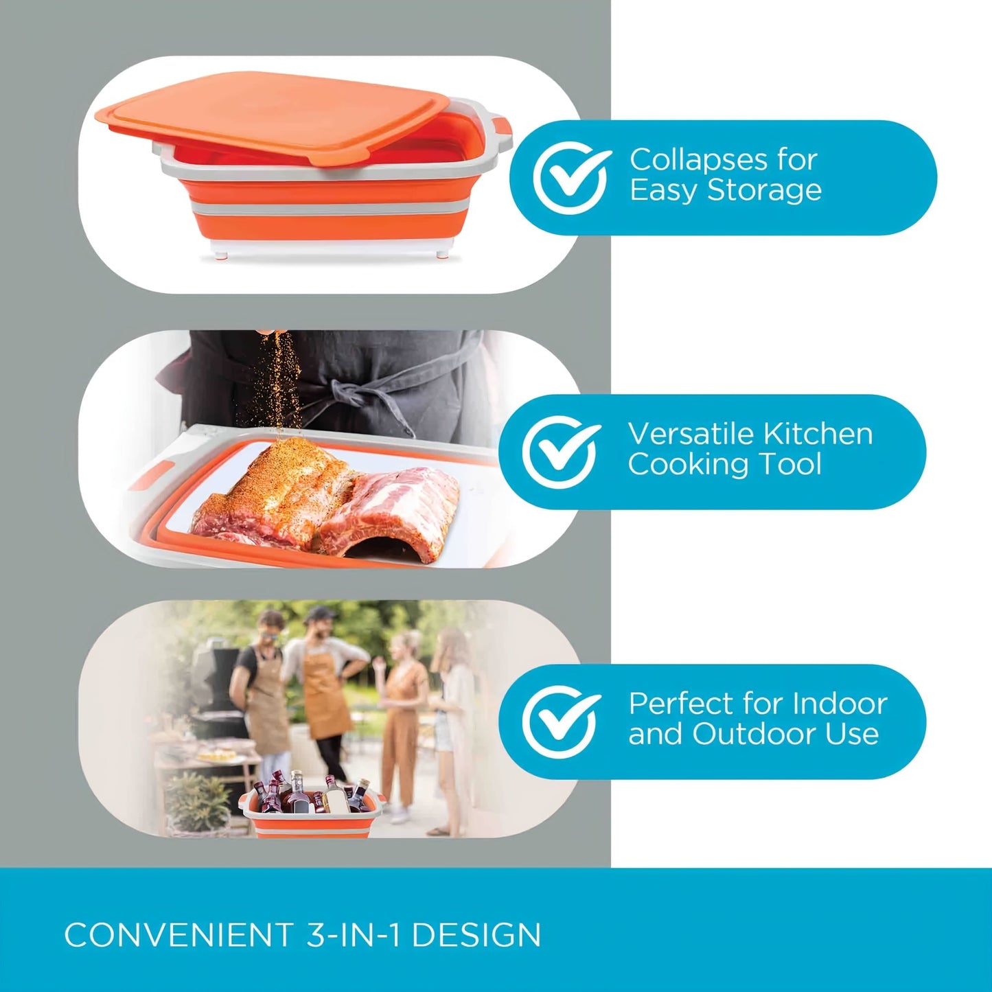 Collapsible BBQ Prep Caddy with Cutting Board & Lid - 3-in-1 Foldable Grill Preparation Tub, Food-Safe Plastic, Washing Basket & Marination Container - Orange