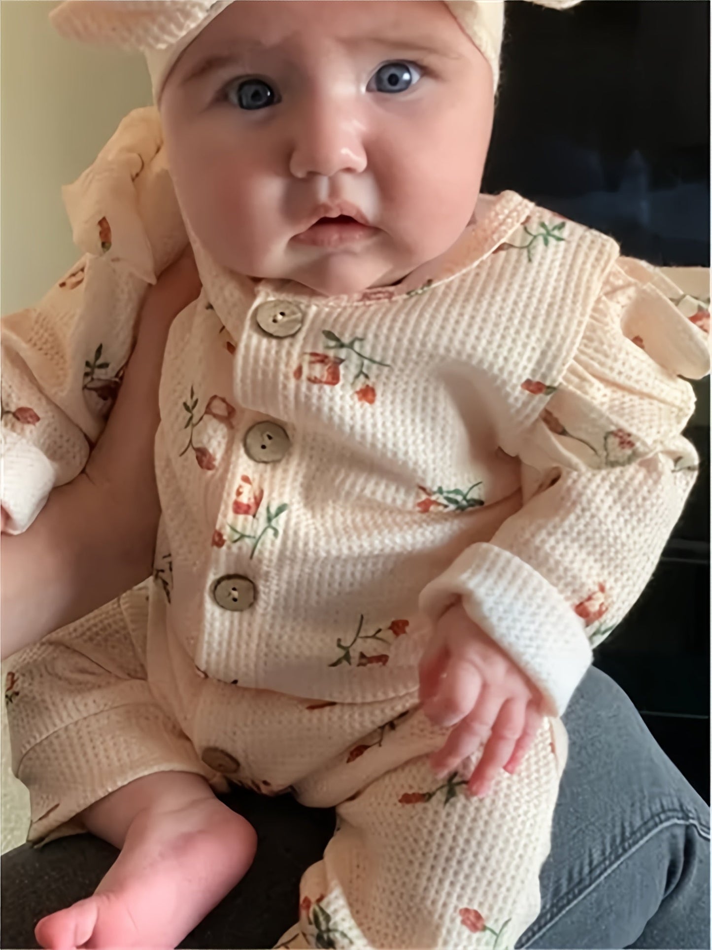 Baby Girls Outfit Set - Floral Ruffle Waffle Knit