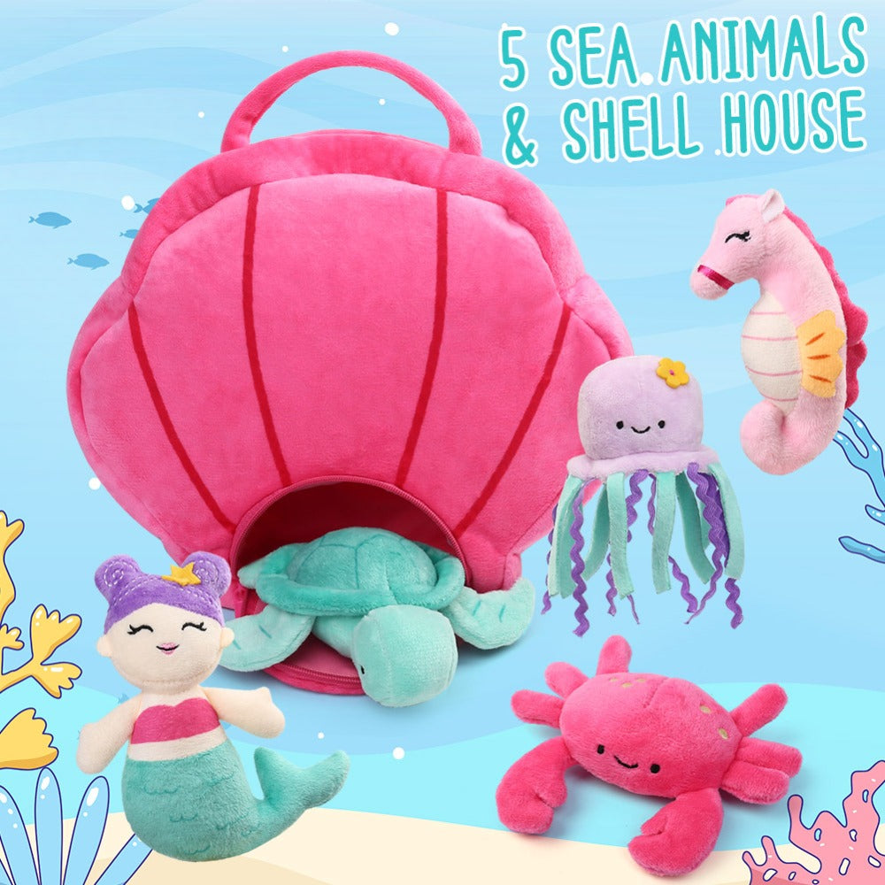 Ocean Stuffed Animals Set 5 Pack Sea Turtle Octopus Mermaid Seahorse Crab Soft Plush Toys with Shell Carrying Bag Gift for Baby Toddlers Kids Birthday Christmas Baby Shower