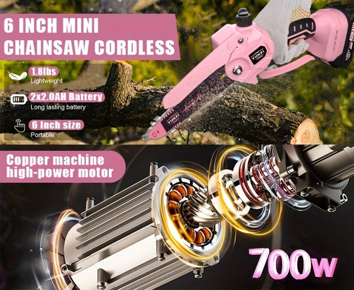 Mini Chainsaw 6 Inch 21V Cordless Battery Powered | Handheld Electric Chain Saw for Tree Branch Trimming Wood Cutting | Lightweight Portable Pruning Saw Pink