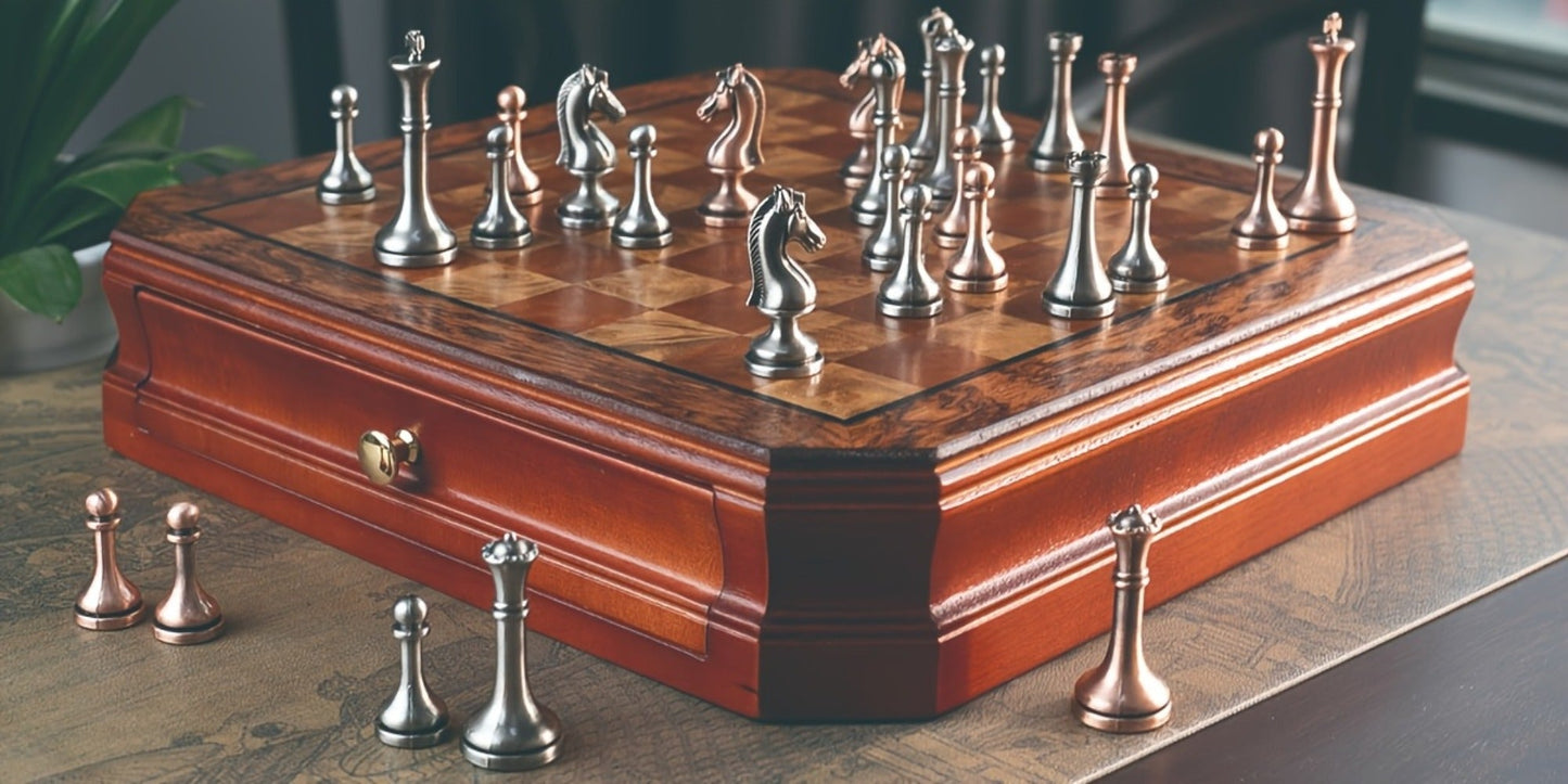 Wooden Chess Set with Metal Pieces & Storage Drawers 12 Inch – 2.5" Kings 2 Extra Queens Vintage Mahogany Board for Adults Beginners, Premium Strategy Game Gift