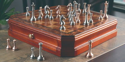 Wooden Chess Set with Metal Pieces & Storage Drawers 12 Inch – 2.5" Kings 2 Extra Queens Vintage Mahogany Board for Adults Beginners, Premium Strategy Game Gift