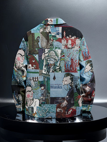 Men's Art Print Slim Fit Long Sleeve Dress Shirt - Stretch