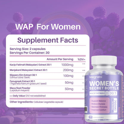 Women's Wellness Supplement 30 Servings - Kacip Fatimah Fenugreek Slippery Elm Bark Manjakani Maca Root Natural Hydration Comfort Elasticity Hormonal Balance Herbal Formula for Women