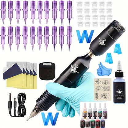 Rotary Tattoo Machine Kit 67pcs – Complete Wireless Tattoo Pen Set with Cartridge Needles, Power Supply, Practice Skin, Inks & Transfer Paper for Beginners & Artists