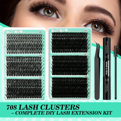 Lash Clusters Kit 708Pcs with Tweezers, Glue & Brush – Soft Silky Fiber False Eyelashes Full Voluminous DIY Lash Extension Set for Party, Wedding, Bridal & Daily Makeup, Beginner to Pro
