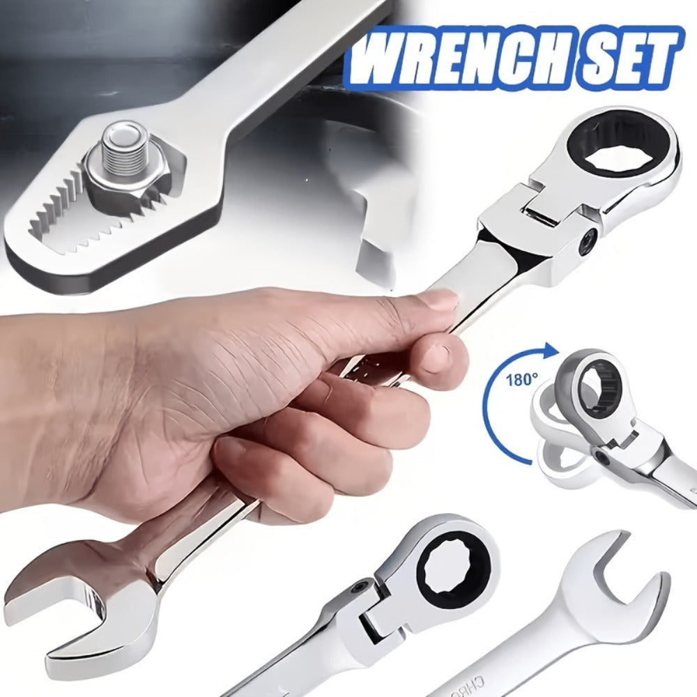 Wrench Set 10-Piece Multi-Function – 8 Hex Wrenches, Flare Wrench & 10mm Ratchet Wrench, Chrome Vanadium Steel, 180° Rotating Double-Ended 72-Tooth Precision Gear Design