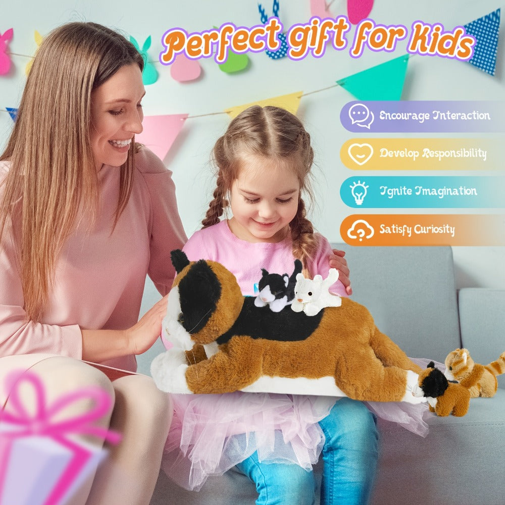 Cat Stuffed Animal Plush Set Mommy Cat with 4 Baby Kittens – Soft Cuddly Cat Family Toy Gift for Kids, Mother's Day Birthday Christmas Holiday Bed Sofa Decor